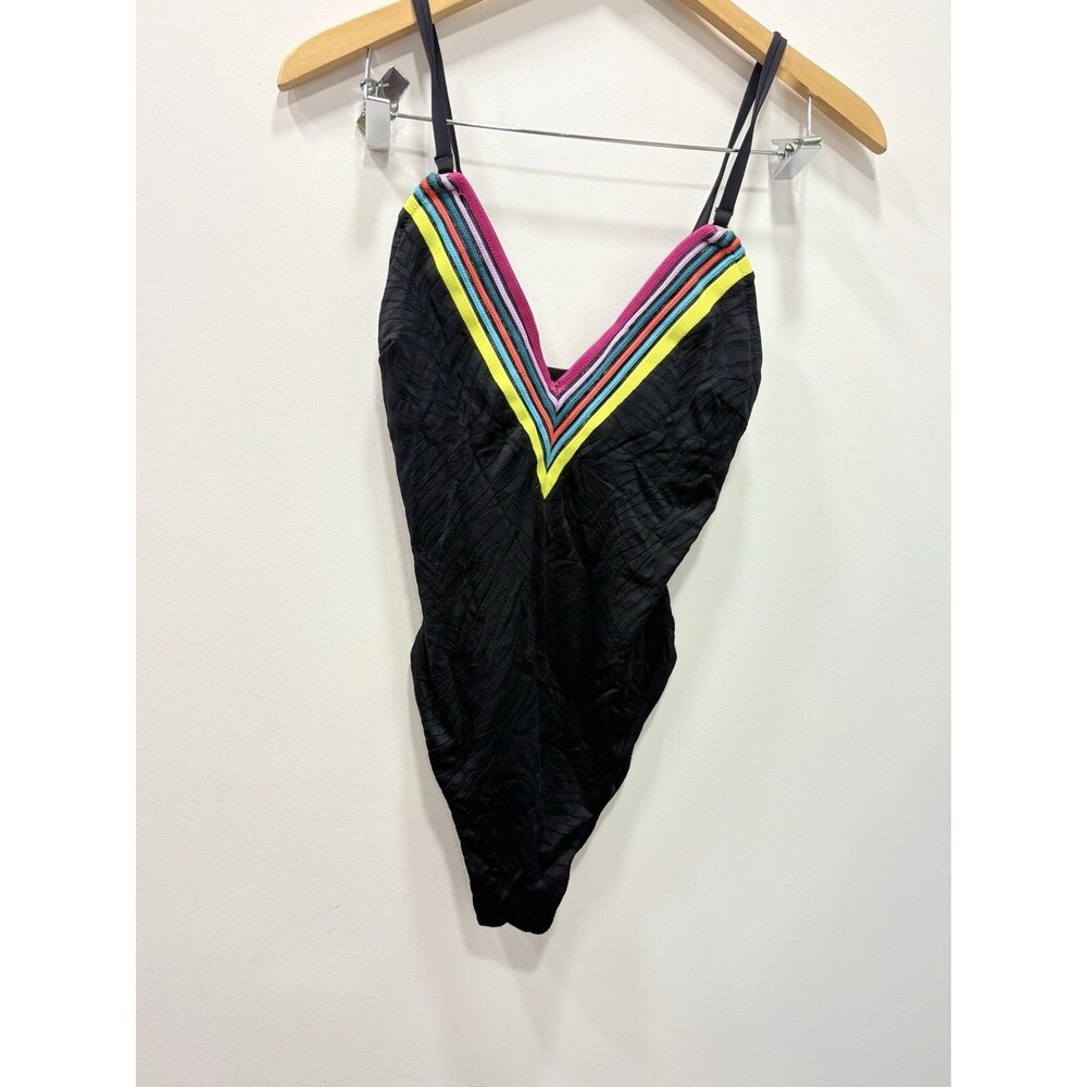 Trina Turk Size 8 Black One Piece Swimsuit Rainbow Stripe Plunge V Neck